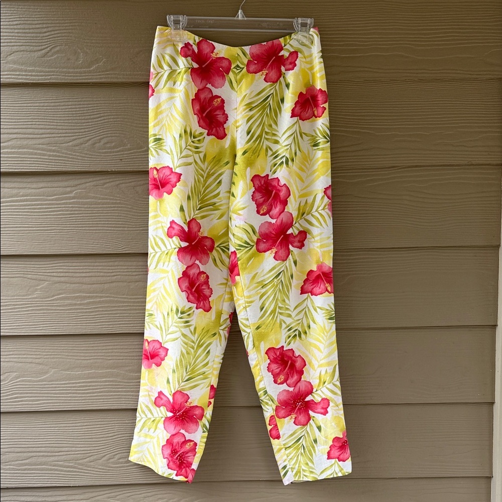 BetU 100% SILK Yellow Pink Floral Beaded Lined Tropical Summer Pants Size 4 - Picture 2 of 10
